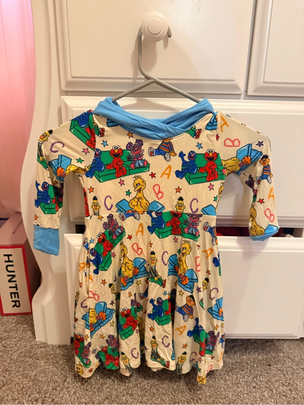 Girls Cream Sesame Street Print Casual Dress with Blue Trim